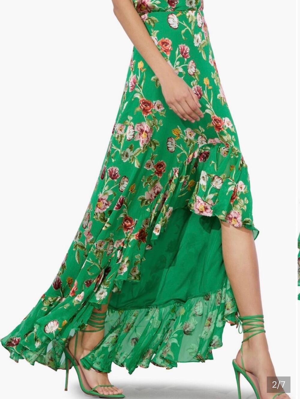 Alice + Olivia Soraya Asymmetric Green Floral Silk Blend High-Low Maxi Skirt NWT